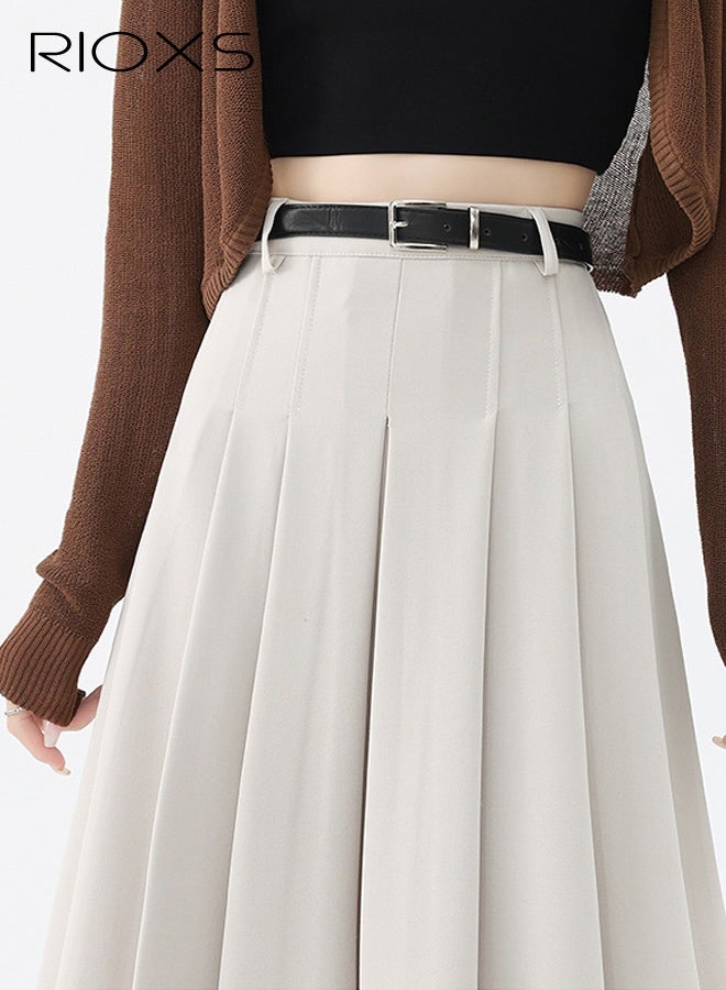 RIOXS Women's Pleated A-line Maxi Skirt, Fall High Waisted Ankle Length Pleated Tennis Skirts with Belt, Casual Long Suit Skirt for Office Business Dating, Apricot - Image 2